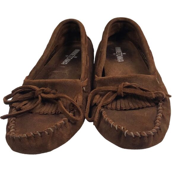 Minnetonka Kilty Brown Suede Leather Moccasins Shoes - Picture 2 of 10